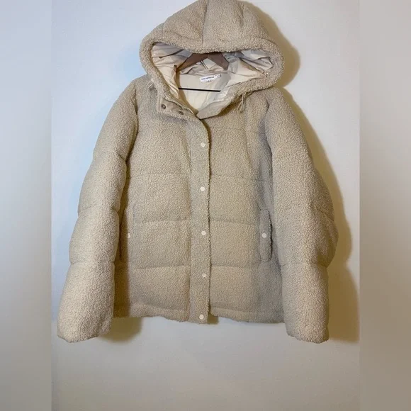 Good American Womens Essentials Sherpa Cocoon Hooded Puffer Coat Size 4 Cream XL